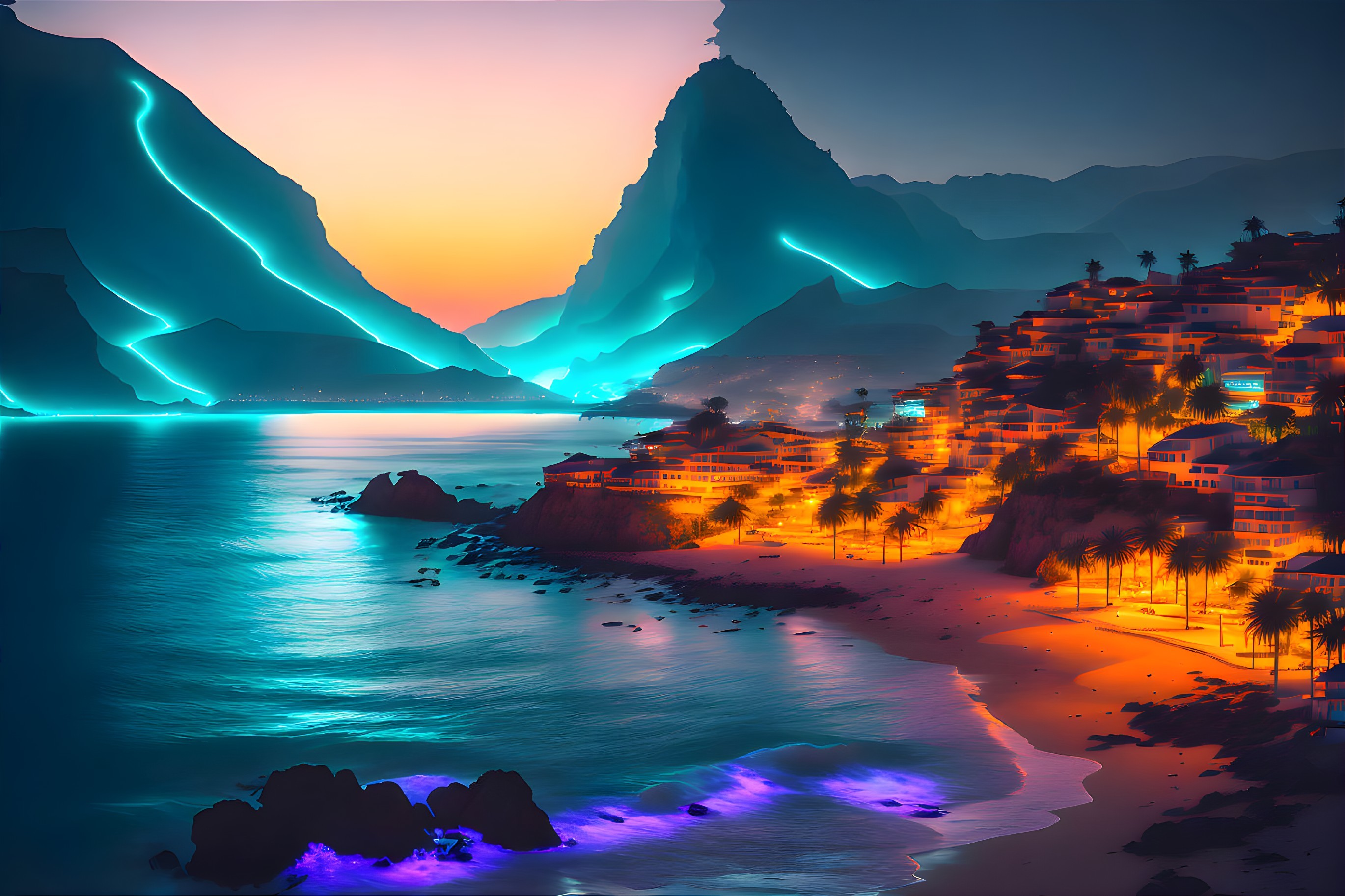 Coastal village twilight scene with neon lights on mountains and palm trees.