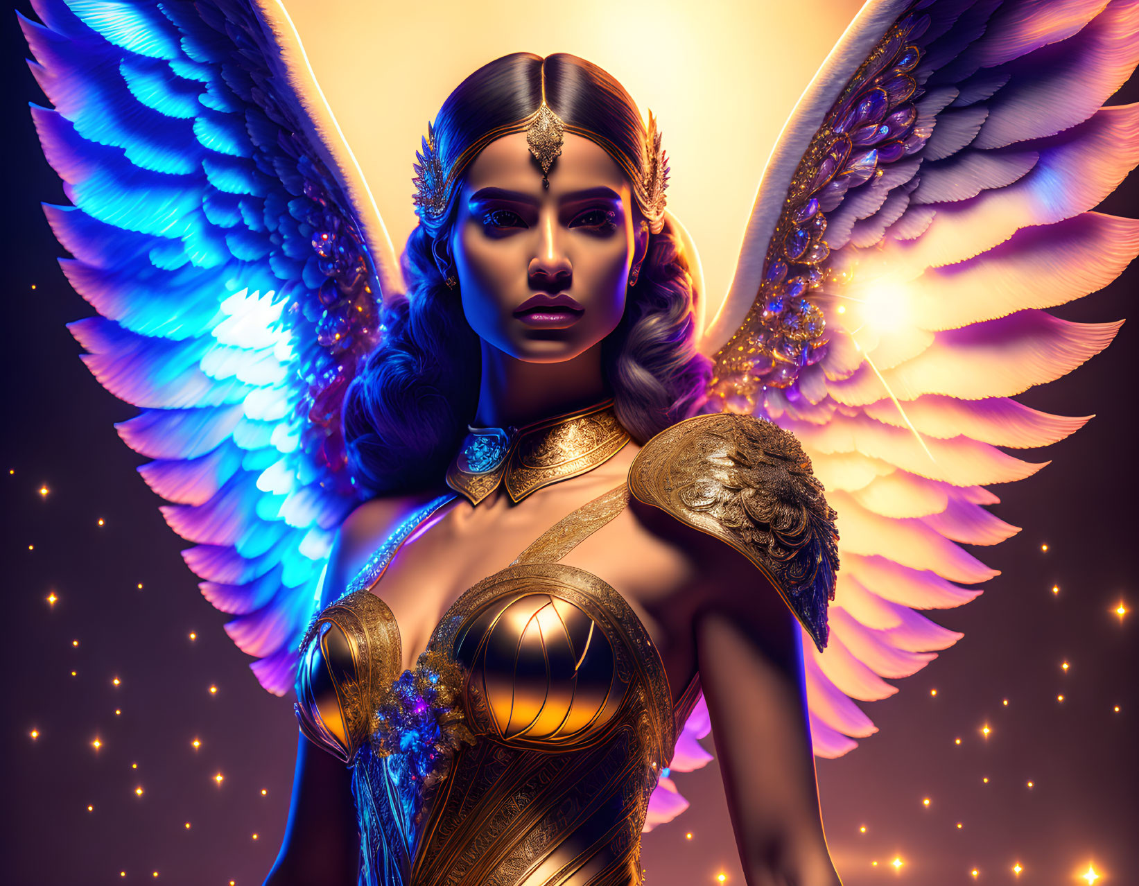 Regal woman with blue wings in golden armor and headpiece on starry backdrop