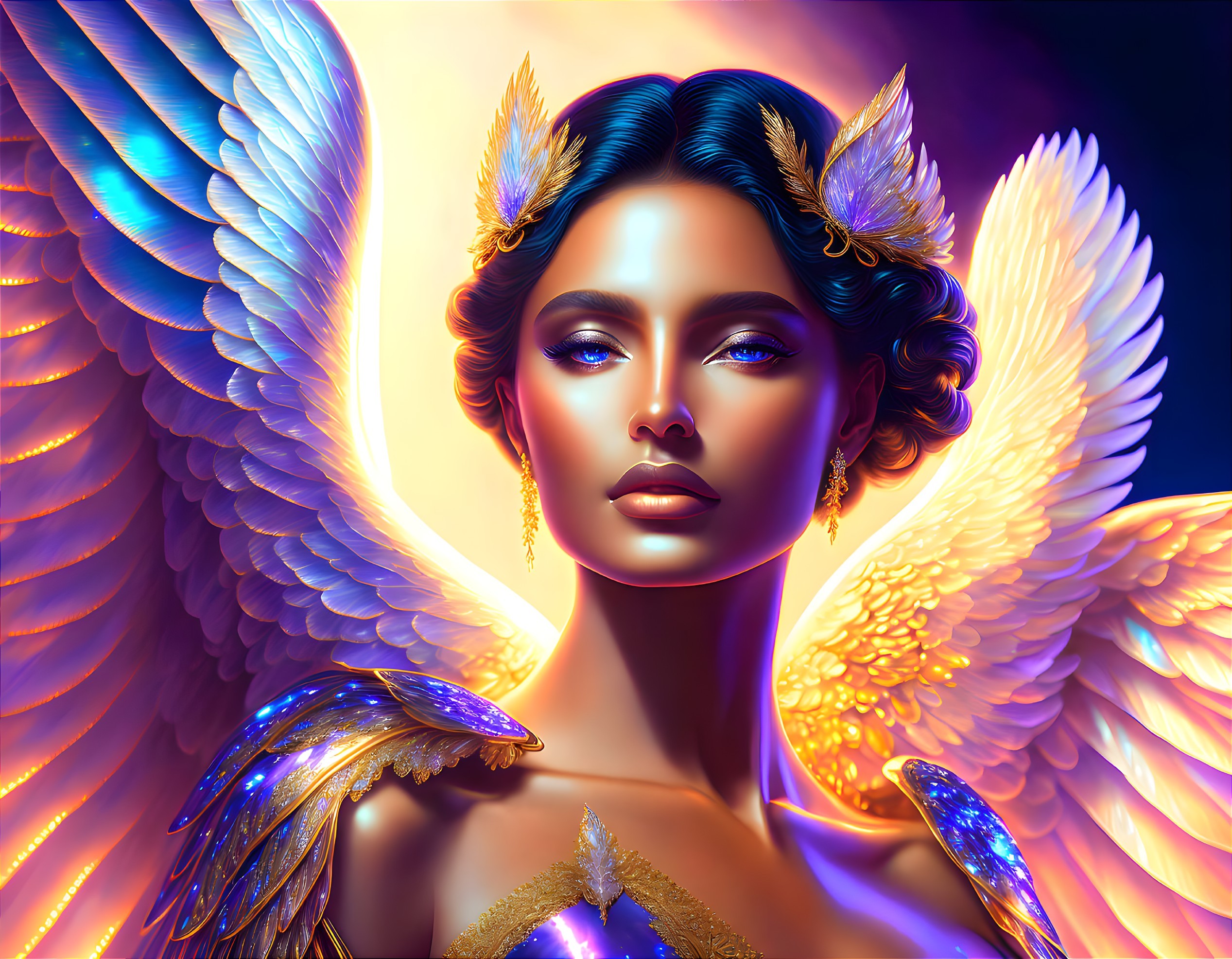 Digital artwork: Woman with golden wings and feathered accessories on deep blue background