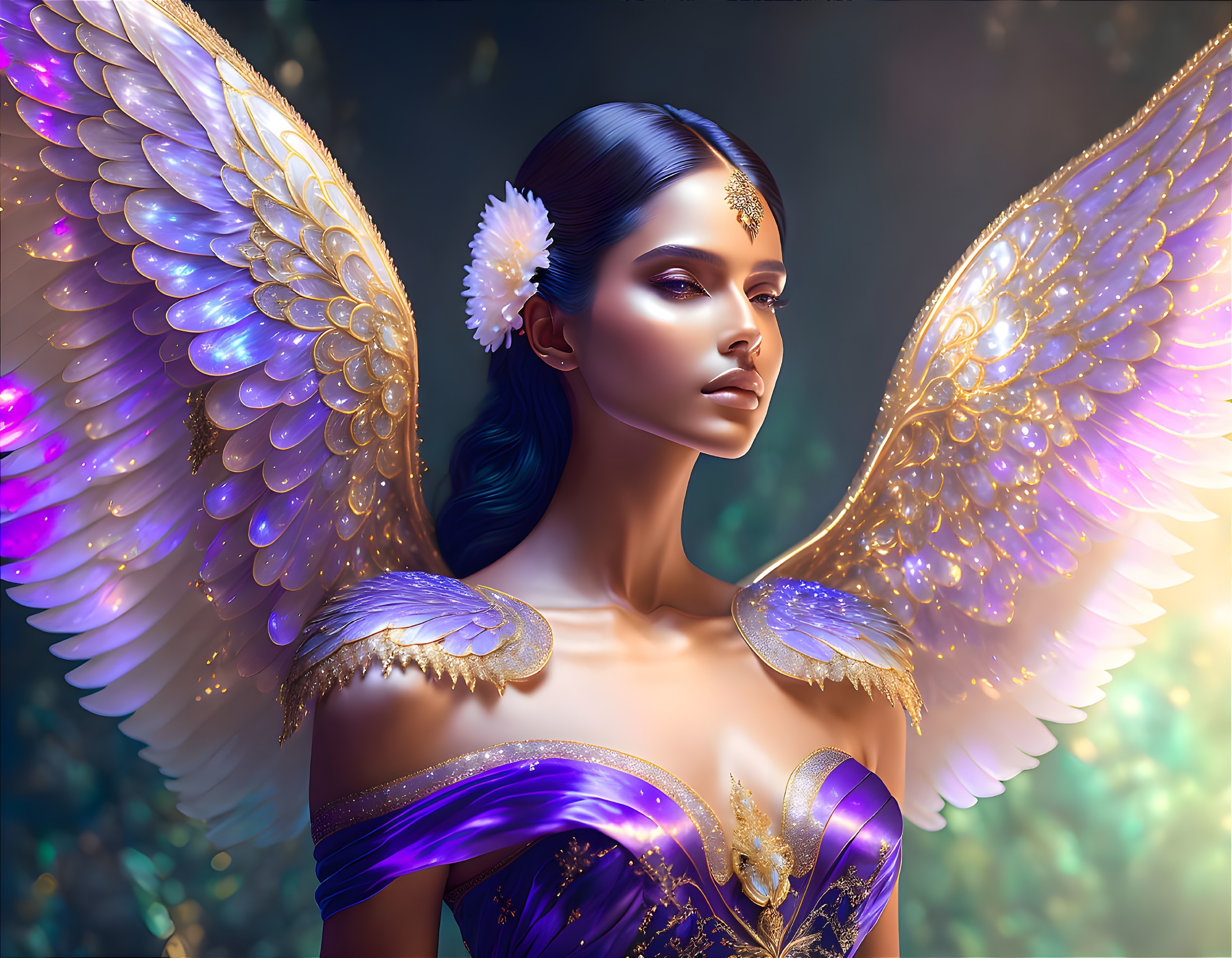 Illustration of woman with angel wings in purple and gold dress