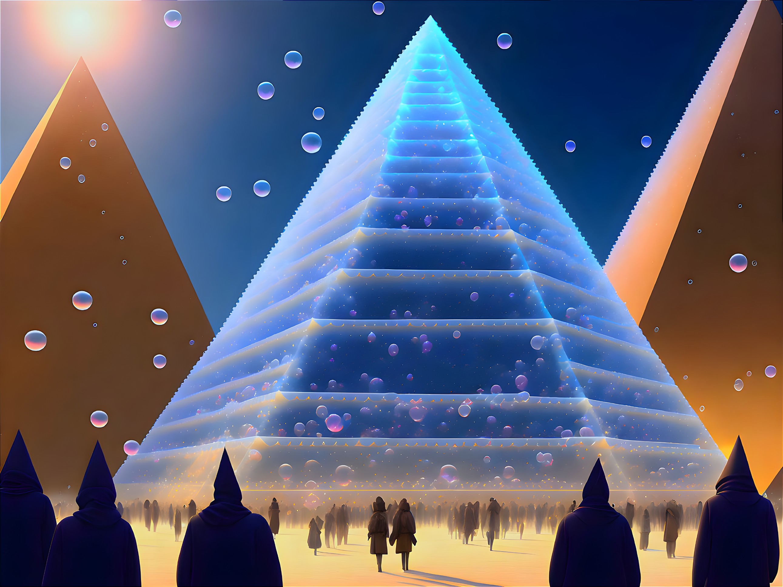 Digital artwork: Cloaked figures, glowing pyramid, orbs, orange and blue sky