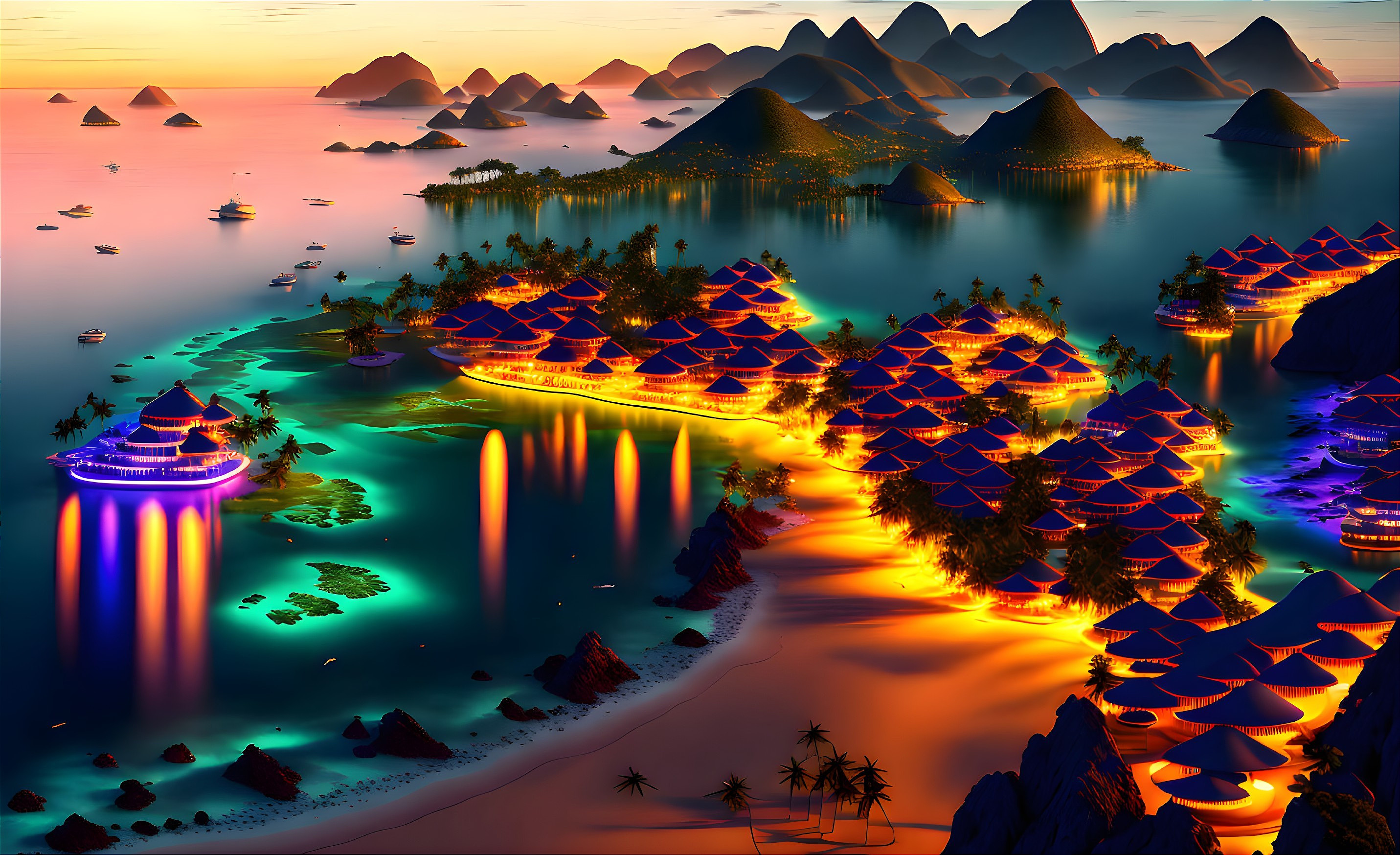 Scenic tropical beach sunset with neon-lit water huts, mountains, and scattered boats