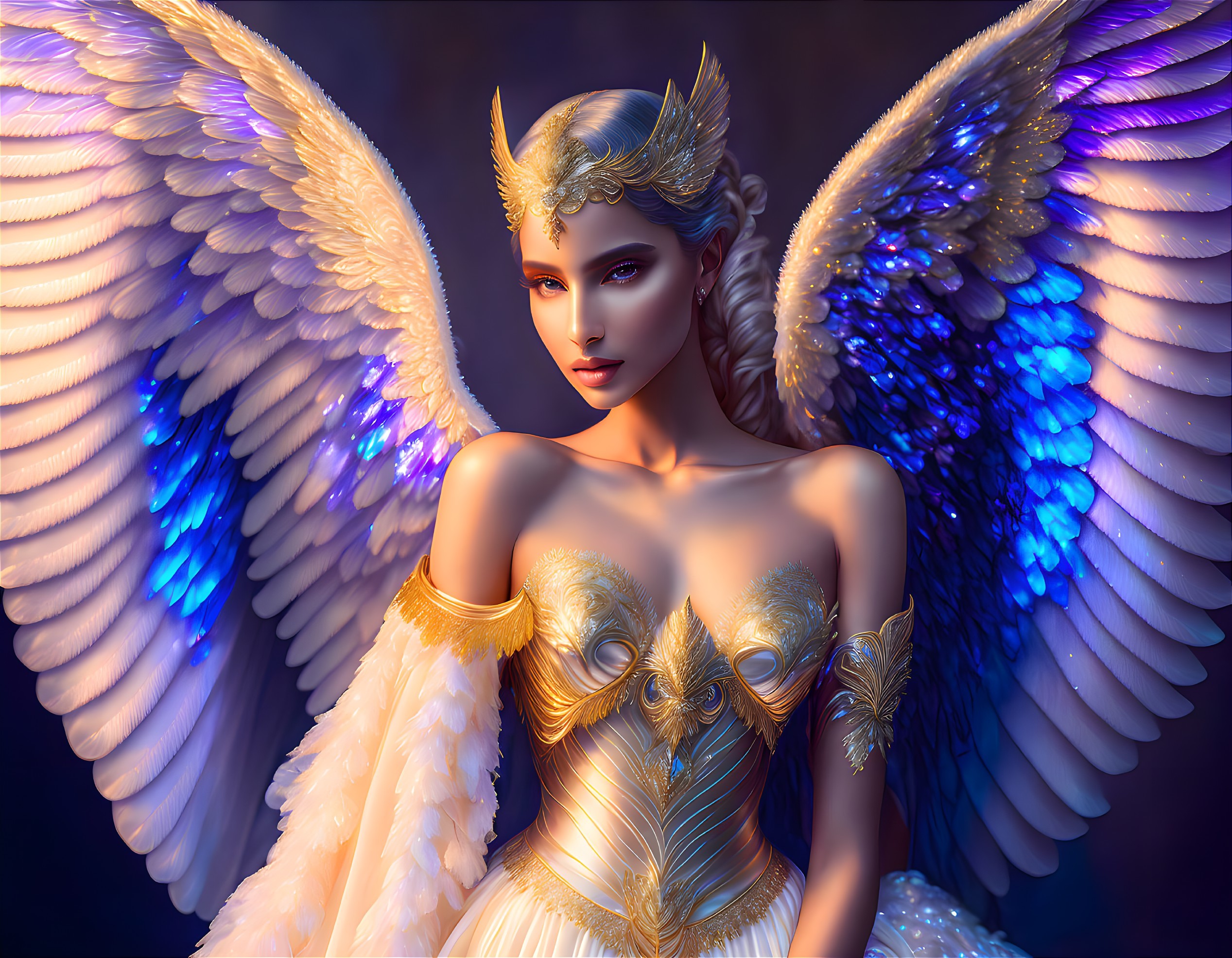 Fantastical female figure in golden armor with blue eyes and luminous wings