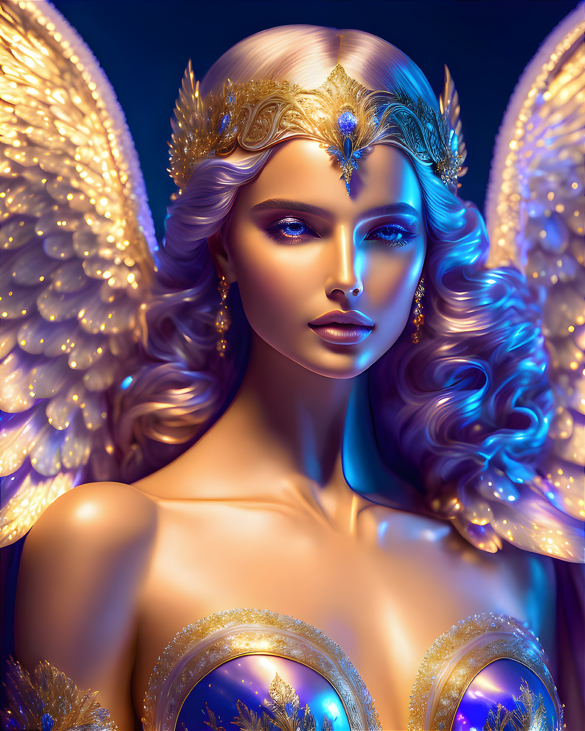 Ethereal woman with golden hair and angelic wings on blue backdrop