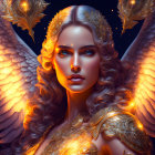 Digital Art: Angelic Figure in Golden Armor with Wings, Blue Eyes, Ornate Decorations