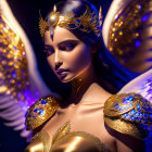 Golden-armored fantasy figure with white feathered wings on deep blue background.