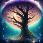 Fantastical tree digital artwork with glowing branches under starry sky