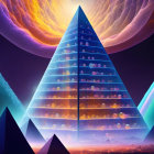 Colorful Digital Artwork: Glowing Pyramid in Cosmic Setting