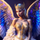 Fantastical female figure in golden armor with blue eyes and luminous wings