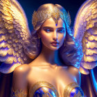 Ethereal woman with golden hair and angelic wings on blue backdrop