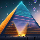 Futuristic glowing pyramid with floating bubbles under orange sky