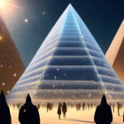 Digital artwork: Cloaked figures, glowing pyramid, orbs, orange and blue sky