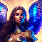 Woman with Blue Angel Wings and Golden Armor in Starry Background