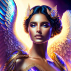 Digital artwork: Woman with golden wings and feathered accessories on deep blue background