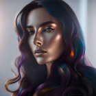 Vibrant digital portrait of a woman with multicolored hair and luminous skin