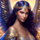 Digital artwork: Woman with angelic wings & crown, vibrant blue eyes, dark hair, golden accents