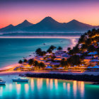 Scenic tropical seaside resort at dusk with palm trees, yachts, and mountain silhouette