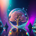 Surreal landscape with tree in transparent bubble under twilight sky