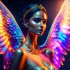 Vibrant multicolored angel wings on a regal woman portrait