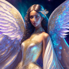 Ethereal artwork: Woman with angelic wings in golden attire