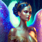 Colorful digital artwork: Woman with angel wings and gold attire on blue background