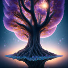 Majestic tree with glowing purple foliage in surreal illustration