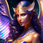 Intricate golden headgear, multicolored wings, and glowing blue eyes on mystical being in