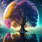 Colorful digital artwork: Tree in bubble surrounded by glowing bubbles in mystical landscape