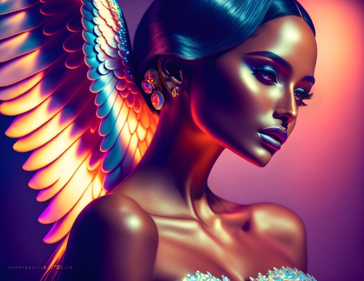 Vibrant blue skin woman with angelic wings in surreal digital art