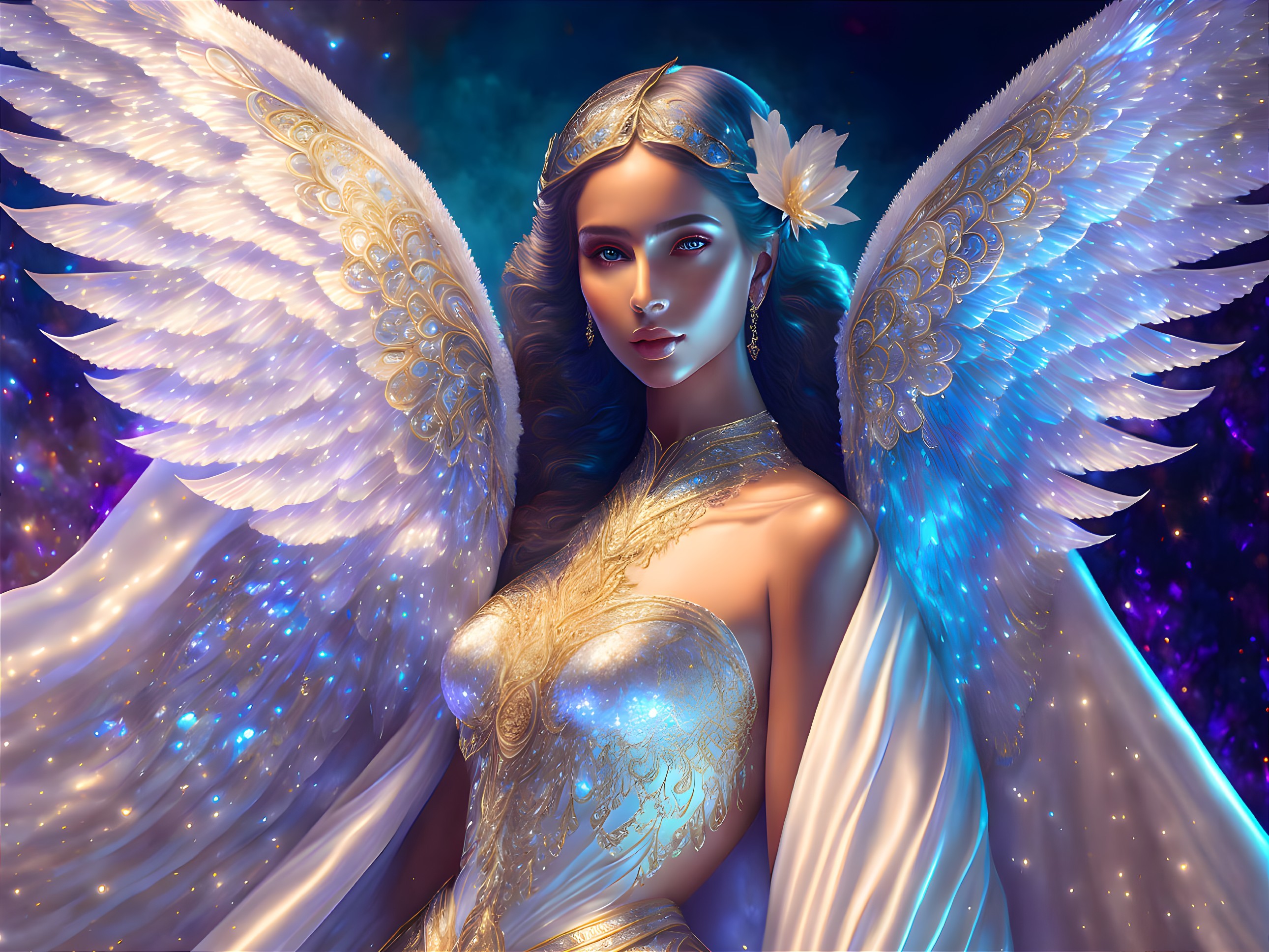 Ethereal artwork: Woman with angelic wings in golden attire