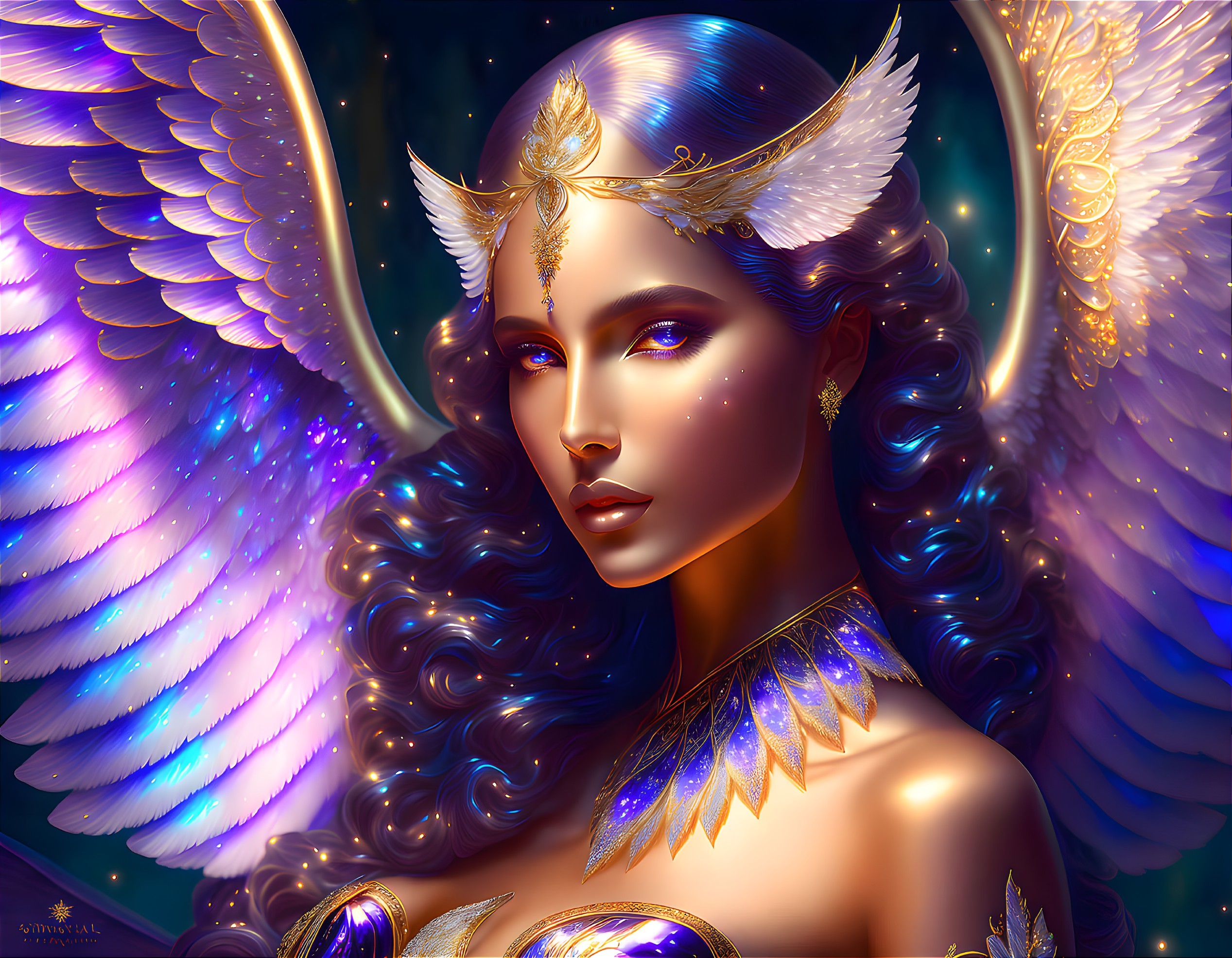 Intricate golden headgear, multicolored wings, and glowing blue eyes on mystical being in