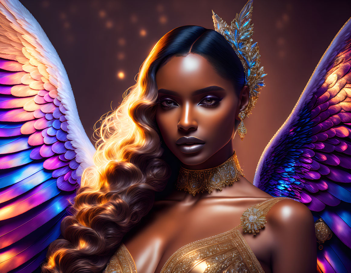 Multicolored Wings Woman Portrait with Golden Jewelry on Starry Background