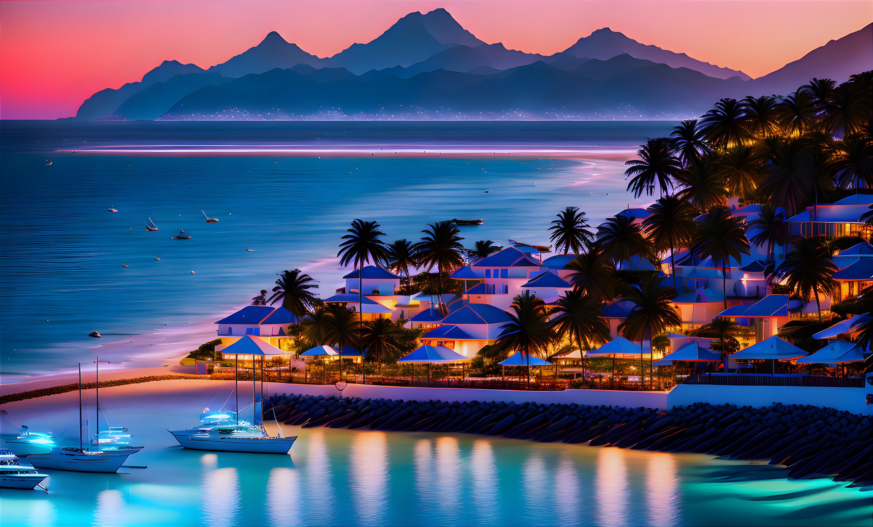 Scenic tropical seaside resort at dusk with palm trees, yachts, and mountain silhouette