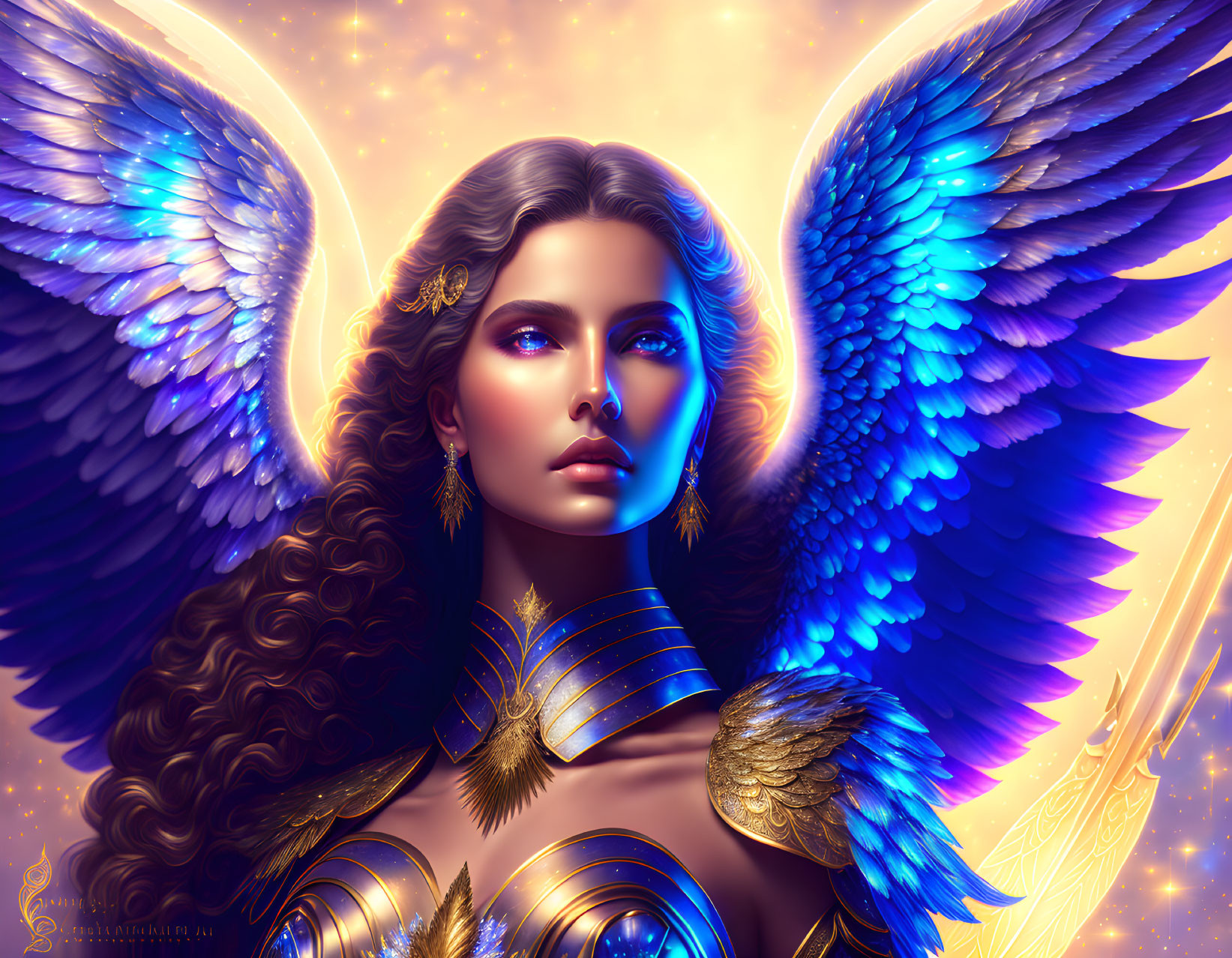 Woman with Blue Angel Wings and Golden Armor in Starry Background