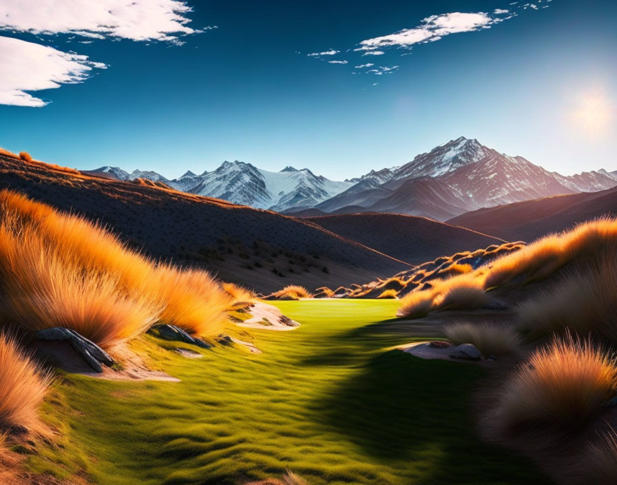 Scenic landscape: golden tussock grass, valley, snow-capped mountains under blue sky.