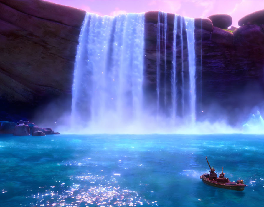 Vibrant waterfall cascades into luminous blue lagoon with small boat and figures in mystical landscape