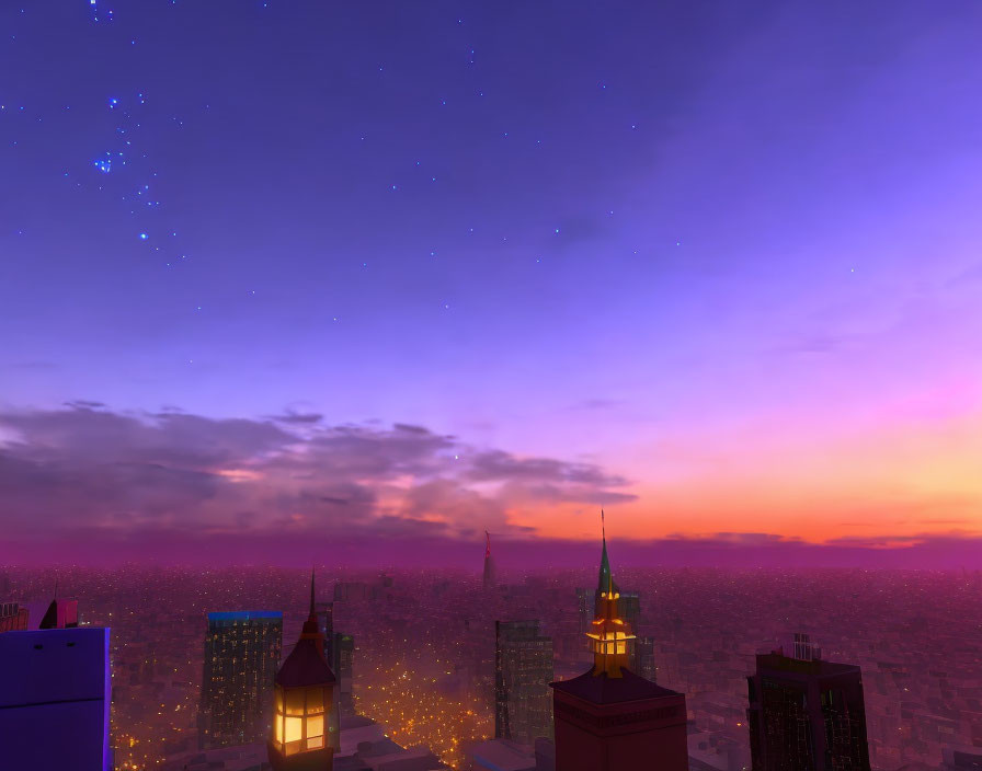 Urban skyline at twilight with starry sky, high-rise building silhouettes on purple-orange gradient.