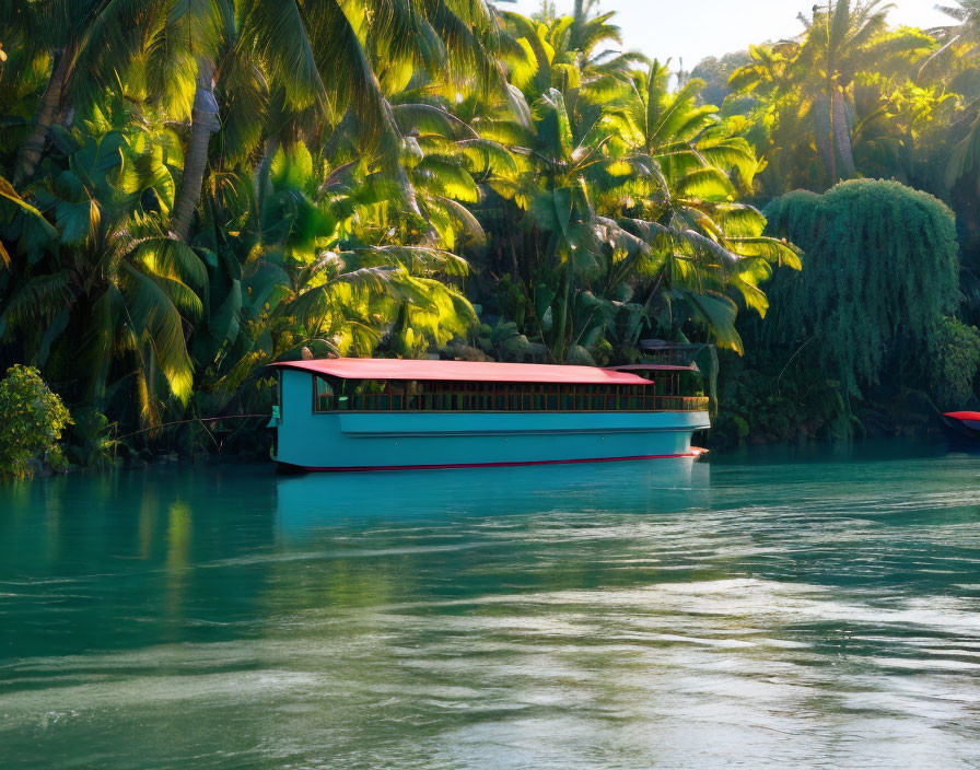 Colorful boat on tranquil river surrounded by lush green tropical foliage