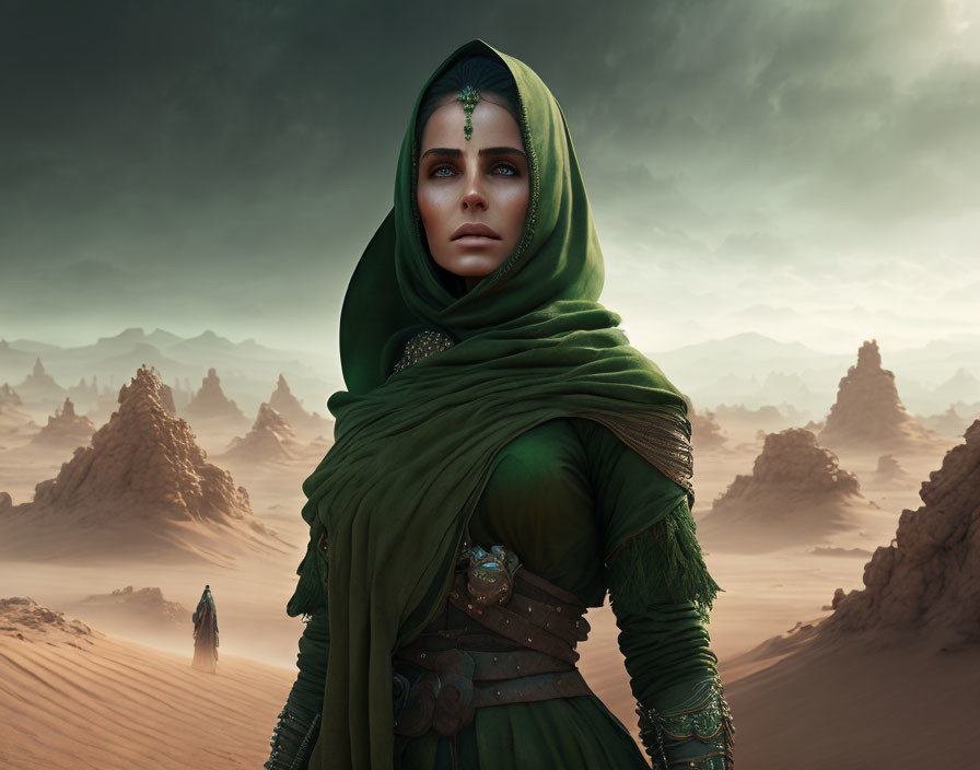 Woman in detailed green cloak in desert landscape