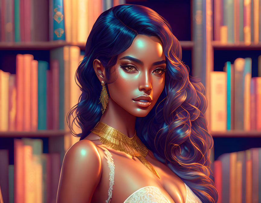 Digital portrait of woman with blue hair and gold jewelry in front of bookshelf