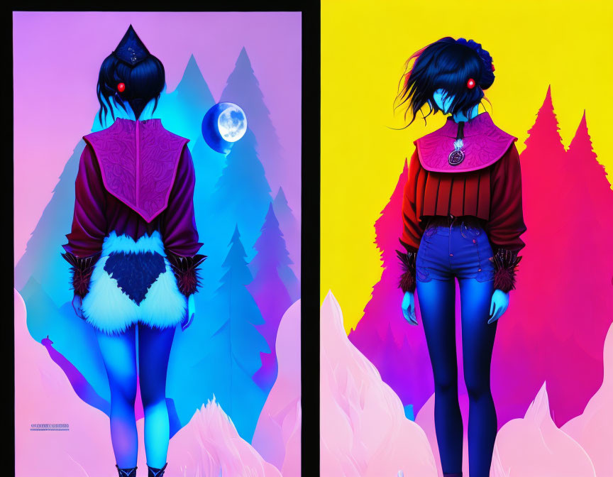 Colorful fashion illustrations with unique hairstyles against surreal backgrounds