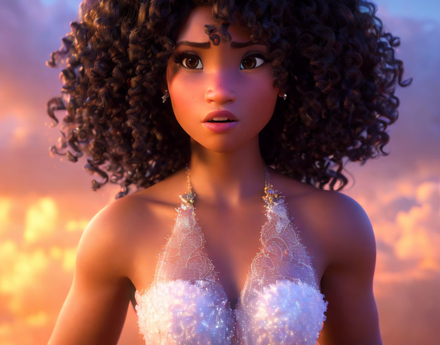 Curly-Haired Animated Character in Sparkly Dress at Sunset