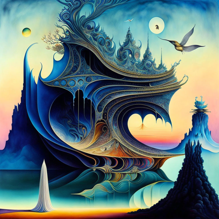 Surreal painting of intricate ship-like architecture against vibrant sunset sky