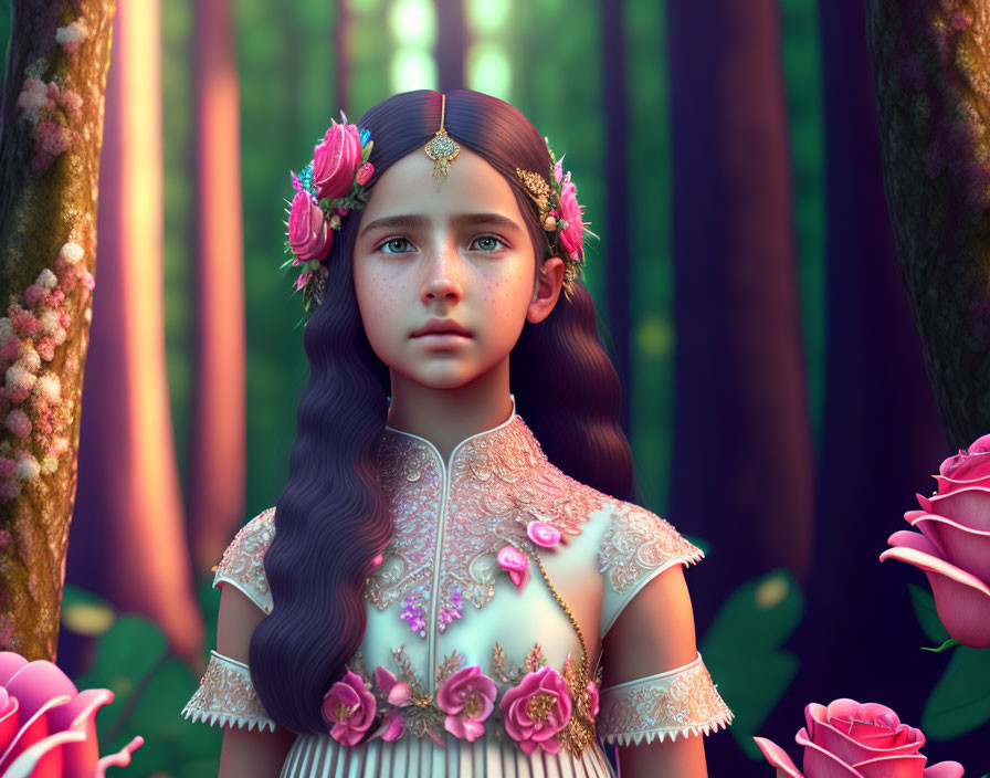 Young girl in floral headpiece and ornate dress in mystical forest with large roses