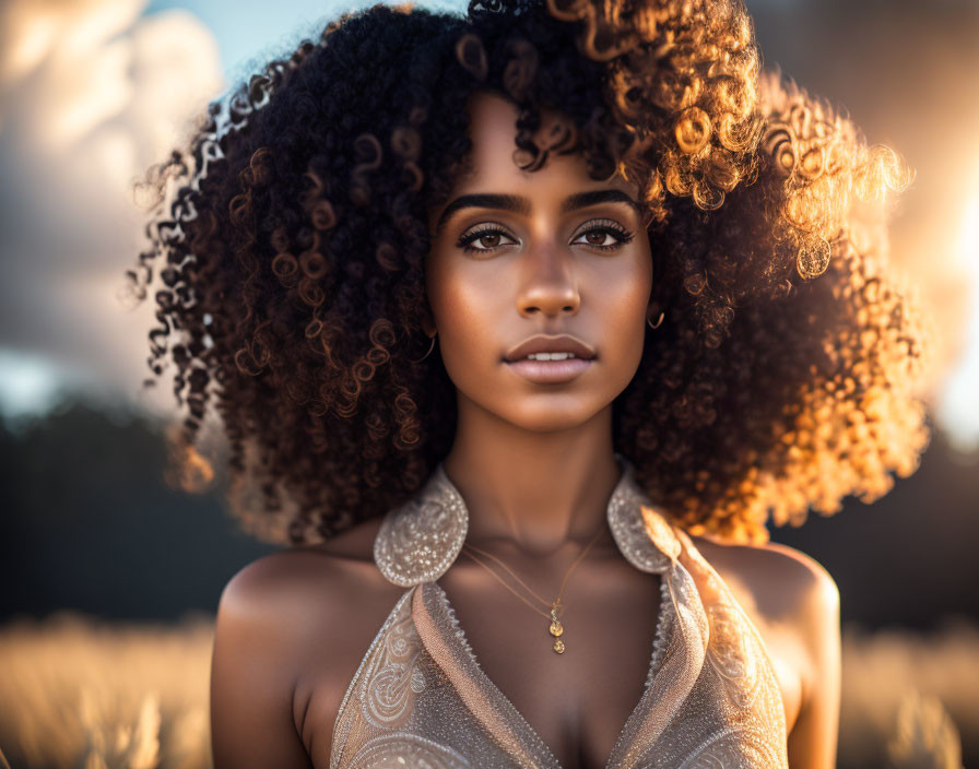 Curly-Haired Woman in Sparkly Top with Golden Hoop Earrings in Sunlit Field