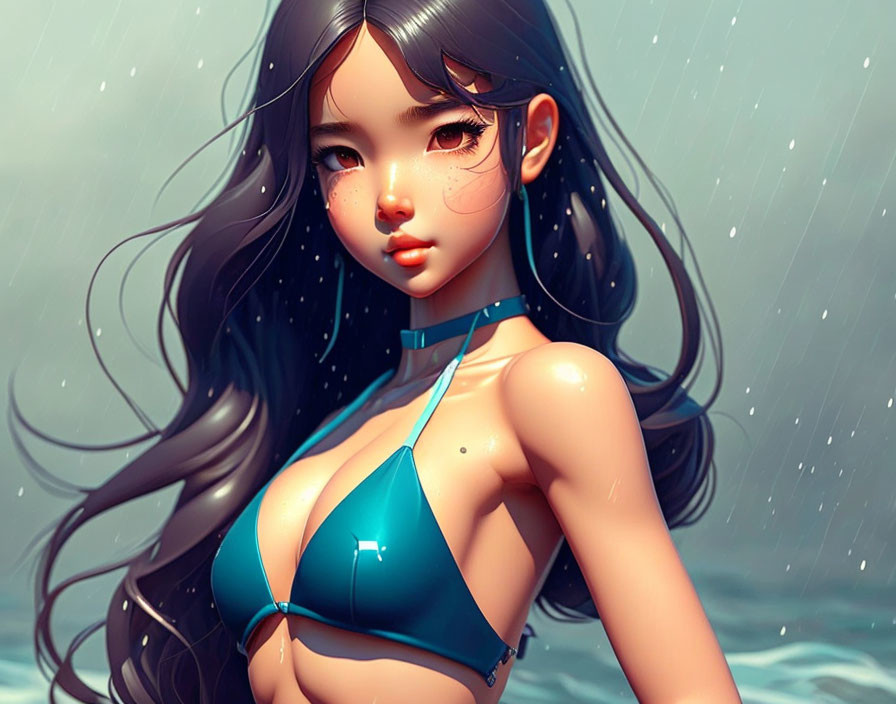 Stylized female character with black hair in blue swimwear by misty ocean