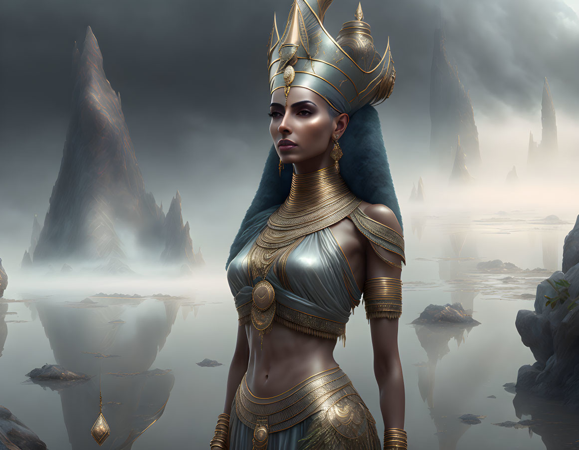 Regal woman in gold headdress and armor against misty mountain landscape