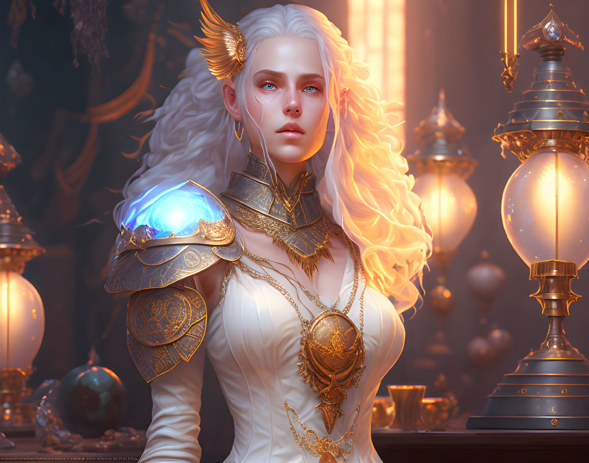 Fantasy artwork: Woman with white hair, glowing eyes, golden armor, holding blue orb in candle