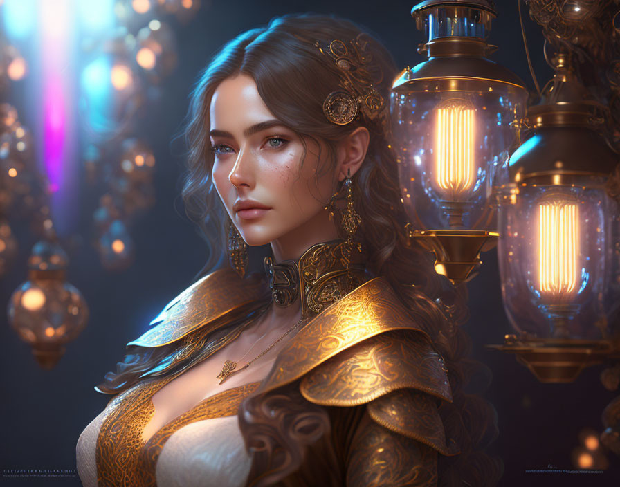 Digital art portrait of a woman adorned in intricate gold jewelry, surrounded by glowing lanterns, emitting a