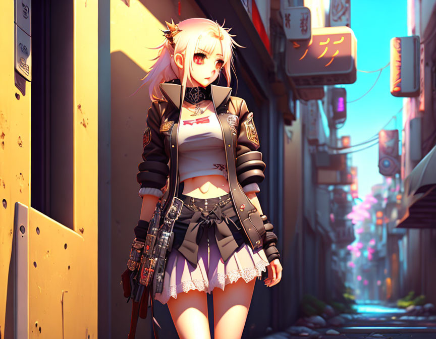 Blonde Anime Girl in Black Outfit with Futuristic Gun in Neon Alley